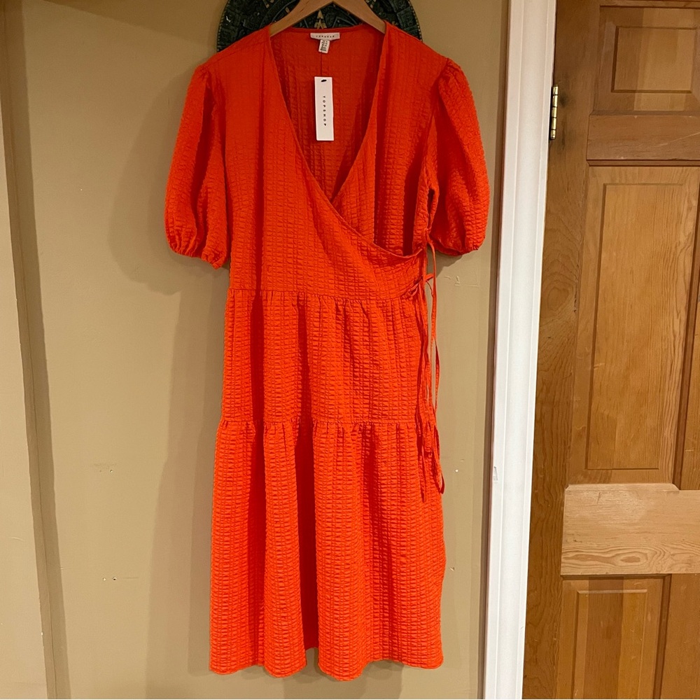 TopShop Textured Puff Sleeve Full Wrap Tiered Dress - Picture 2 of 5
